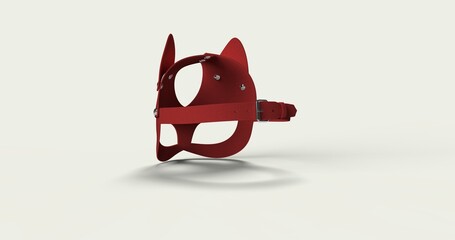 Red leather mask 3D render showcasing bold provocative design for adult role-play fetish themes. Perfect for advertising BDSM accessories sensual fashion erotic product promotions. Back left view