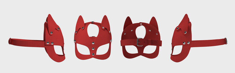 Collage of red leather mask 3D renders four angles highlighting bold design adult role-play fetish themes. Perfect for advertising BDSM accessories sensual fashion erotic product showcases