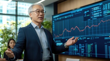 Fototapeta premium Business presentation on market trends corporate office data analysis modern environment professional viewpoint growth strategy