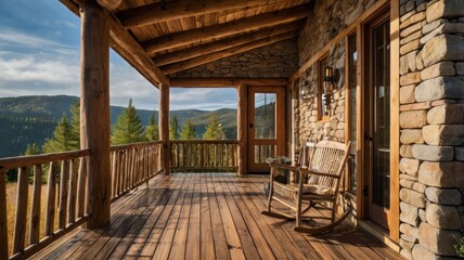 Fototapeta premium Rustic wooden porch with rocking chair overlooking mountain view.