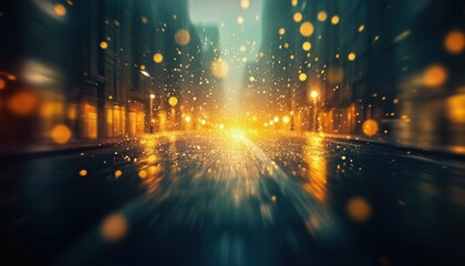 Abstract Blur Urban City Street Image At Night Showcasing Lighting Bokeh And Brought On Noise Due To Insufficient Lighting.