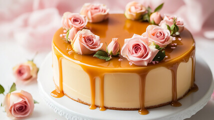 Naklejka premium Decadent Dulce de Leche Cake Adorned with Fresh Pink Roses on a White Plate – Gourmet Dessert for Special Occasions