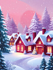 Naklejka premium Cozy winter village under a snowy twilight sky with warm glowing lights in quaint cottages