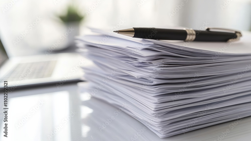 Poster neat stack of papers on a desk with a pen and laptop in the background, creating a professional offi