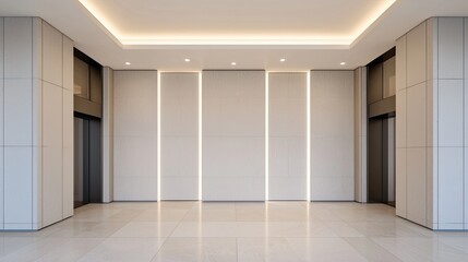 Obraz premium A modern, minimalist lobby with sleek elevator doors and soft lighting, featuring clean lines and a spacious, uncluttered design.