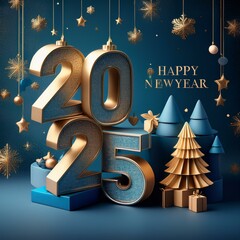 3d text new year 2025 gold realistic rendering new year celebration