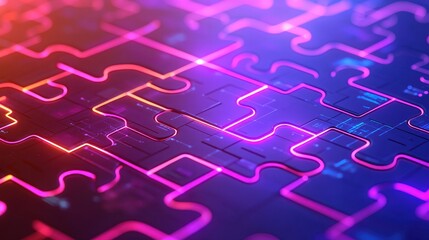 Vibrant Puzzle Pieces with Neon Lights and Futuristic Design Elements