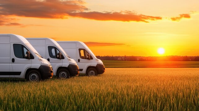 Delivery vans in golden sunrise rural landscape transportation scene serene environment wide angle view logistics concept
