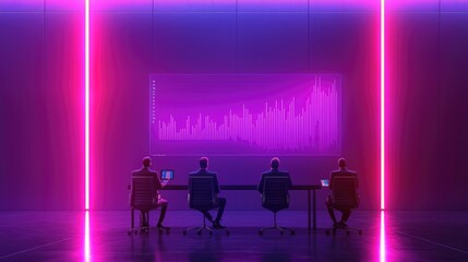 Data analysis meeting futuristic office digital insight presentation neon environment professional viewpoint business strategy