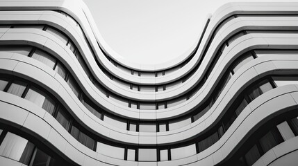 A modern building featuring smooth, wavy architectural lines and large windows, capturing a minimalist aesthetic in monochrome.