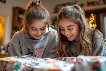 Fototapeta premium Teenage sisters enjoying time together while wrapping Christmas presents