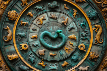 Fototapeta premium Intricate artistic depiction of the zodiac wheel featuring a dragon motif