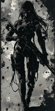 A female cyberpunk in black with long hair and red eyes, wearing full body armor and holding an assault rifle.
