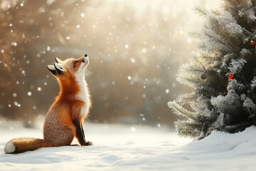 Fox in snowy forest near decorated outdoor Christmas tree