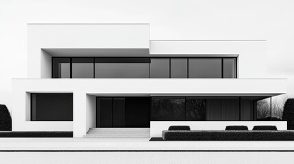 Fototapeta premium A sleek, modernist house with large glass windows and a minimalist design set against a stark white background.