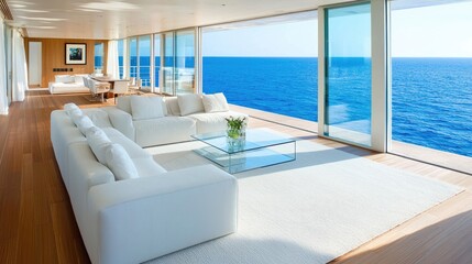 Fototapeta premium Modern coastal living room with ocean view luxury home interior design bright atmosphere inviting concept for relaxation