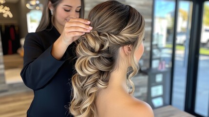 Bridal hairstyle preparation salon studio beauty content cozy environment close-up view elegant styling concept for weddings