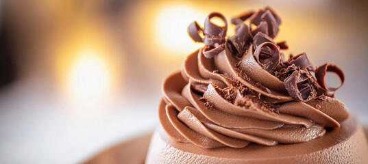 Delicious chocolate mousse dessert garnished with chocolate shavings on blurred background