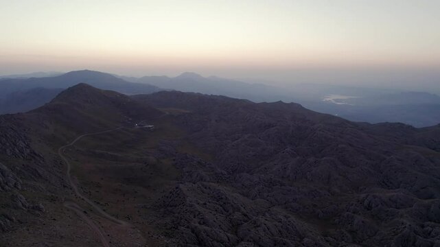 Sunrise in Nemrut Dagi National Park. Scenic aerial view of sunrise in a mountainside. Adiyaman province, Turkiye