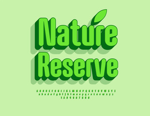 Vector Green banner Nature Reserve. Bright Elegant Font. Creative 3D Alphabet and Symbols set.