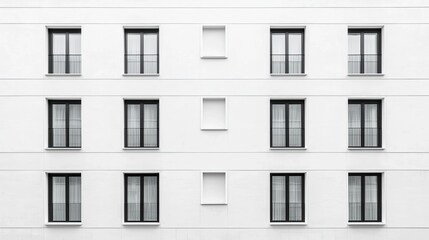 Obraz premium A minimalist facade featuring a grid of windows with black frames on a stark white wall.