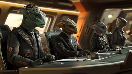 A group of four alien beings in sleek uniforms, engaged in serious discussion in a futuristic spacecraft.