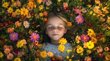 Naklejka premium serene child lying in a vibrant flower field, embodying peace and nature's beauty.