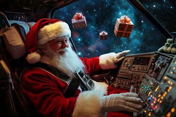 Obraz premium A joyful Santa Claus with a white beard in a red suit piloting a spaceship through a festive starry galaxy.