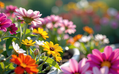 Colorful zinnia flowers blooming in garden during summer day
