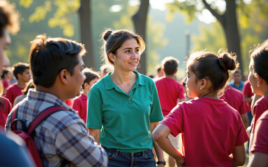 Teacher talking to students outdoors during school trip