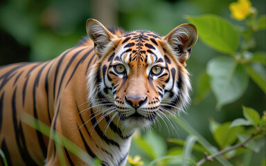 Obraz premium Sumatran tiger emerging from lush green vegetation