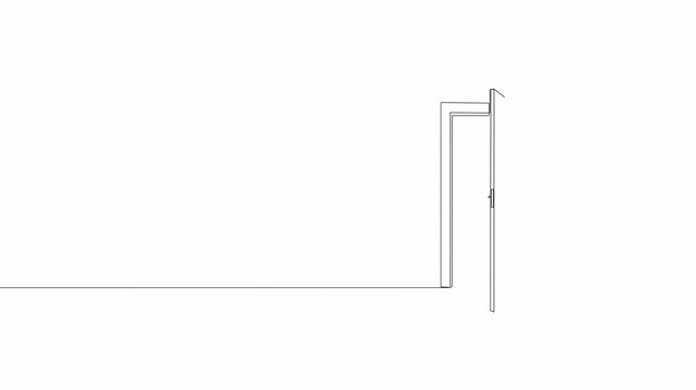 Video. Open door with one continuous line . Single line editable drawing of office entrance. Animation on white background. 4K.