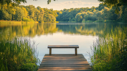 Wooden bench inviting to relax on tranquil lake pier at sunset