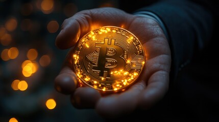 A hand holding a glowing Bitcoin, symbolizing digital currency and investment opportunities.