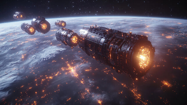 Spacecraft approaches Earth with glowing engines in a futuristic scene set in low orbit. Generative AI - Powered by Adobe