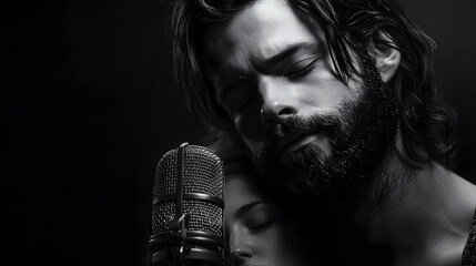 This black-and-white image depicts a close-up portrait of a man and a woman leaning against each other, their eyes closed, with a microphone positioned in the frame.