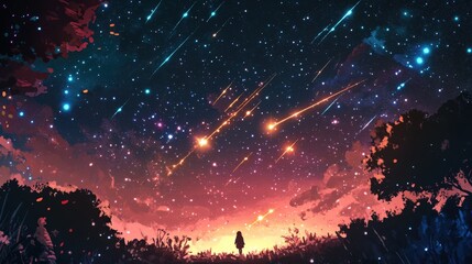 Obraz premium Meteor Shower in Starry Night Sky. Illustration of Meteor and Shooting Stars