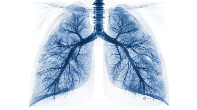 Detailed Illustration of Human Lung Anatomy Surrounded by Atmospheric Wisps, Showcasing an Intricate Network of Bronchi and Lung Tissue in a Clean, Vivid Blue Tone