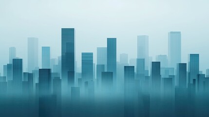 A misty urban skyline featuring tall, geometric buildings with a cool color palette, creating a serene yet modern atmosphere.