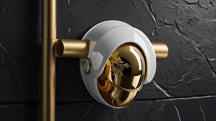 Close-up of a gold and white modern shower head.