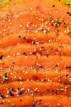 Close-up of seasoned smoked salmon with sesame seeds