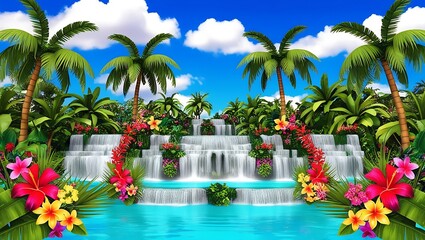 Fantasy Landscape with Majestic Pink Castle, Waterfalls, and Turquoise Lake