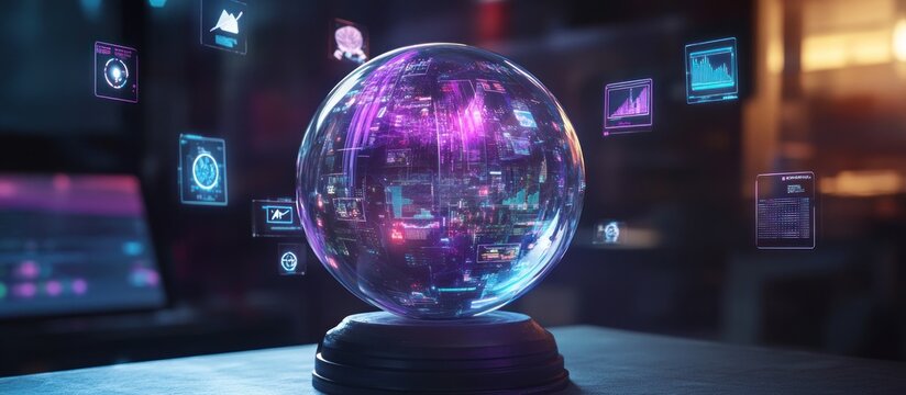 Crystal ball with futuristic data visualization.
