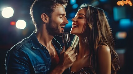 A male and female singer performing closely together, each holding a microphone.