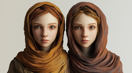 Lifelike Gemini portrait of twin figures with distinct features, balanced expressions of curiosity and wisdom, one with a bright scarf, the other with a dark accessory, set against