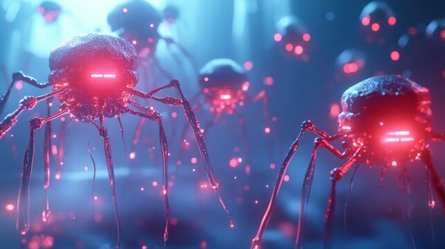 Robotic spider swarm in futuristic, dark environment.