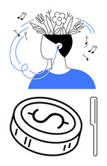 Person listening to music with floral elements from headset, musical notes, and giant dollar coin. Ideal for creativity, financial growth, happiness, relaxation, investments, mindfulness music