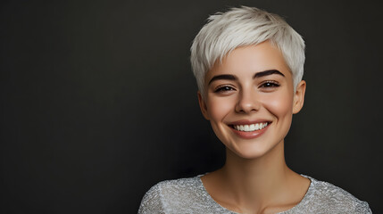 Beautiful smiling female model with short silver hair