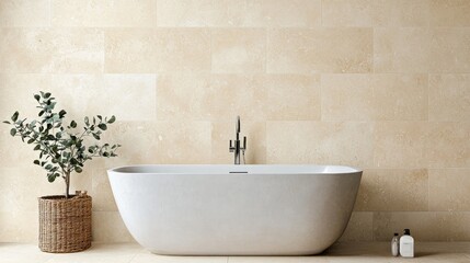 Fototapeta premium A modern bathroom featuring a sleek freestanding tub, neutral-toned wall tiles, and a touch of greenery for a calming atmosphere.