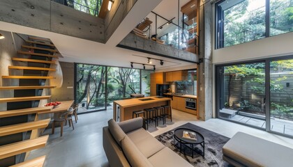 Obraz premium Stunning modern loft living room design with concrete walls in a chic studio apartment